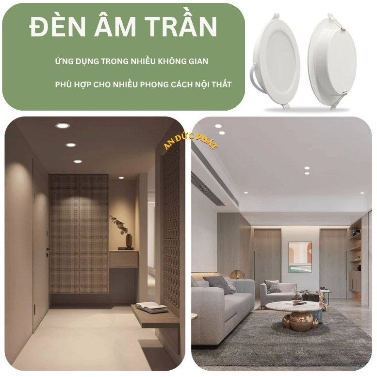 Đèn âm trần downlight lắp đặt trong hành lang và phòng khách hiện đại