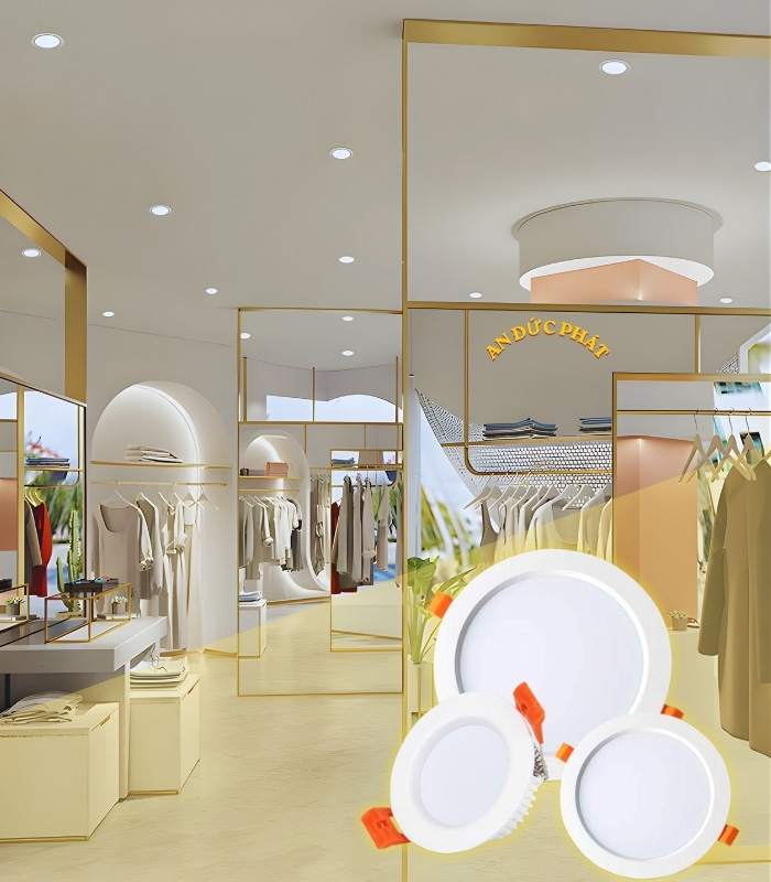 Đèn downlight âm trần lắp cho shop quần áo với mặt đèn gần như phẳng trần