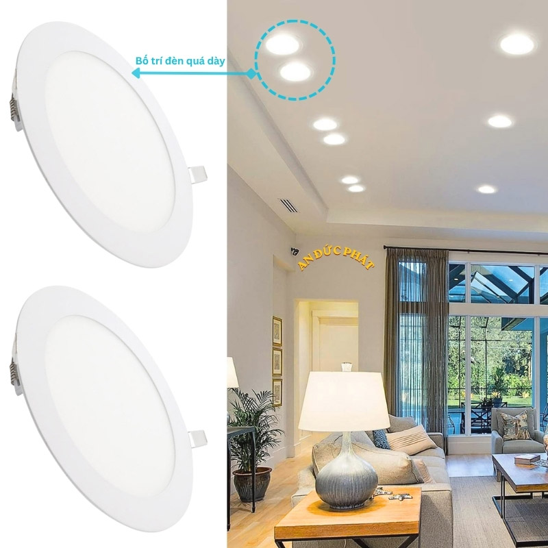 Bố trí đèn LED âm trần dày trong phòng khách làm không gian bị phẳng