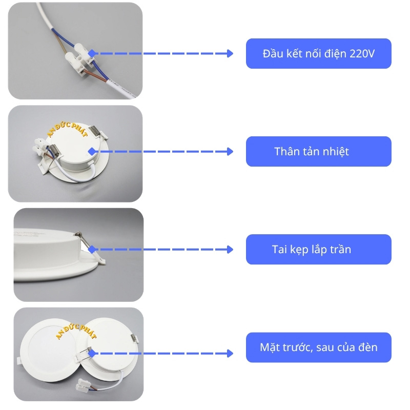 Đèn LED âm trần mặt trước và thân tản nhiệt có tai kẹp lò xo