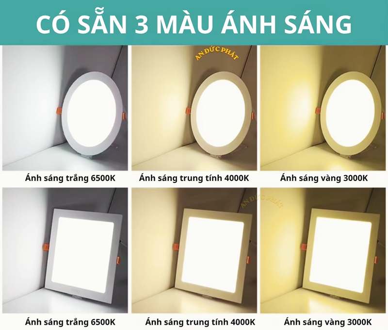 3 màu ánh sáng đèn LED âm trần 3000K 4000K 6500K