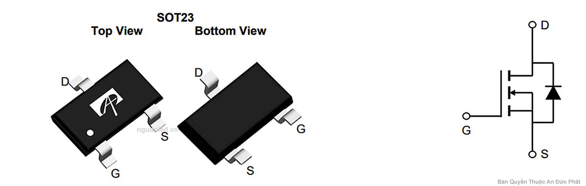 Sơ đồ chân D G S của MOSFET AO3400A gói SOT-23 nhìn từ mặt trên và mặt dưới