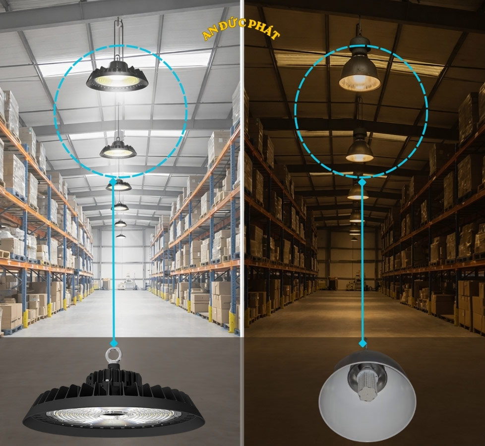 So sánh nhà xưởng dùng đèn LED bố trí sai gây thiếu sáng và chói mắt