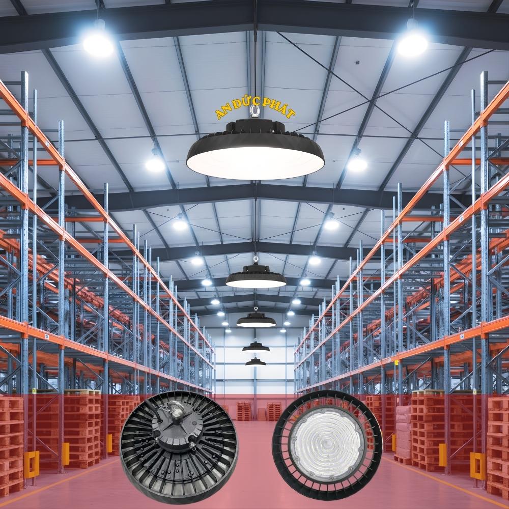 Hệ thống đèn LED nhà xưởng treo cao trong kho sản xuất với ánh sáng đều và ít chói