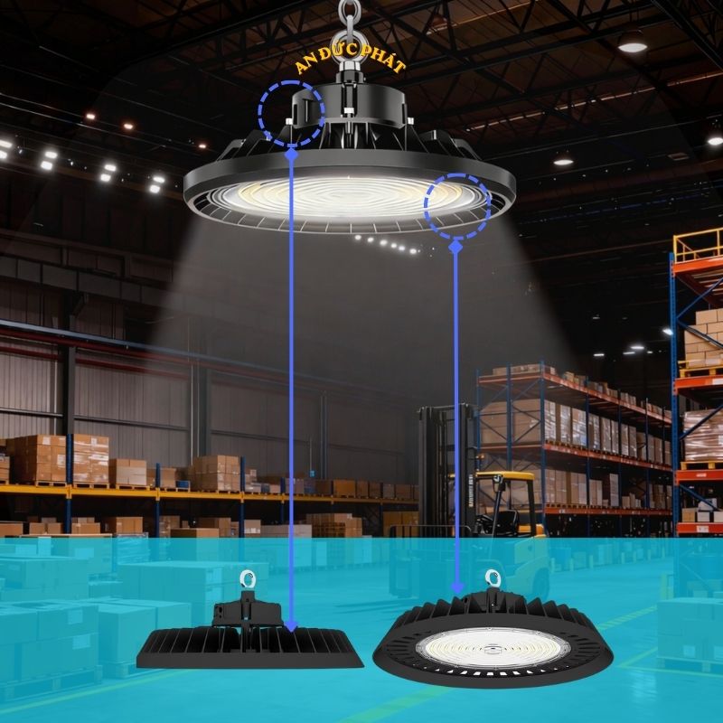 Đèn LED nhà xưởng Highbay UFO treo trong kho xưởng trần cao