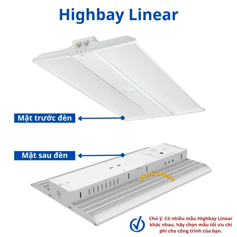 đèn LED nhà xưởng Linear với mặt trước đèn và mặt sau đèn
