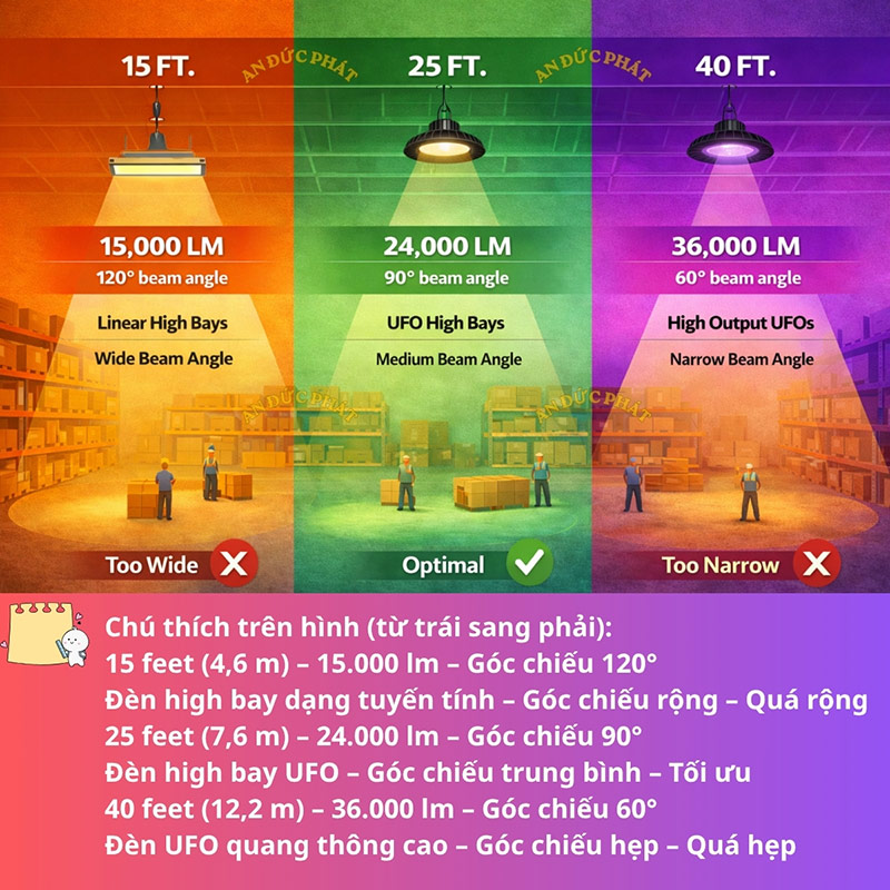 Minh họa góc chiếu 60 90 120 độ của đèn LED nhà xưởng