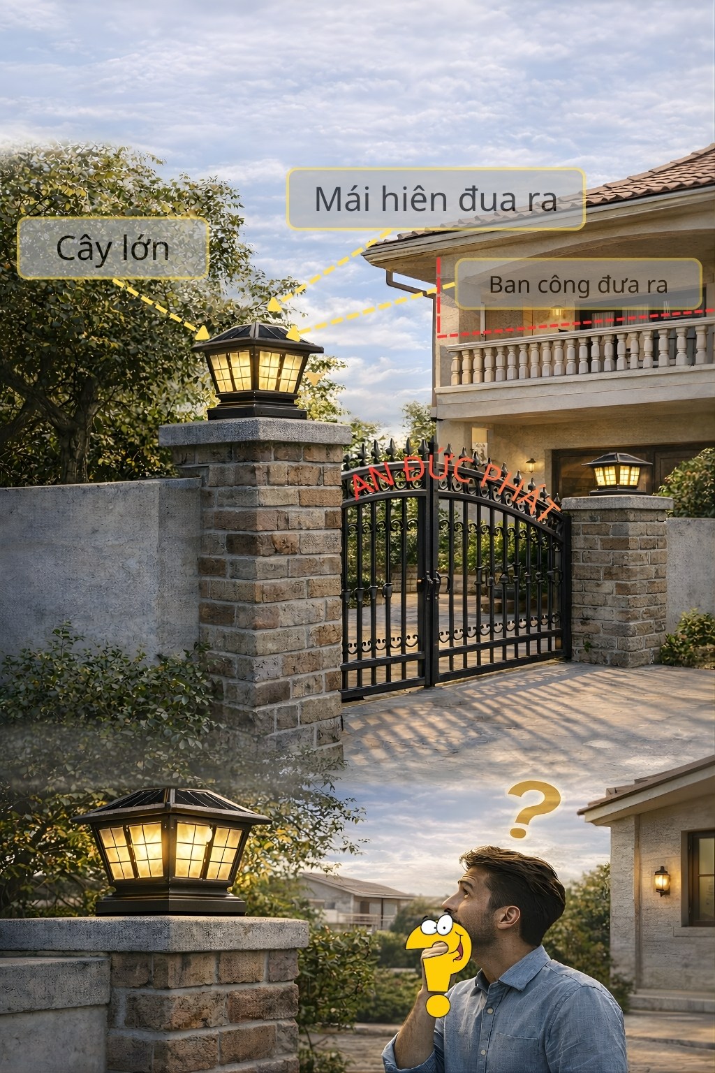 Mái hiên, cây lớn và tường cao tạo bóng che lên đầu trụ cổng