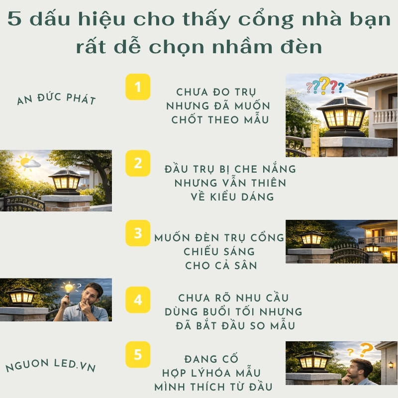 5 dấu hiệu cho thấy cổng nhà dễ chọn nhầm đèn trụ cổng năng lượng mặt trời