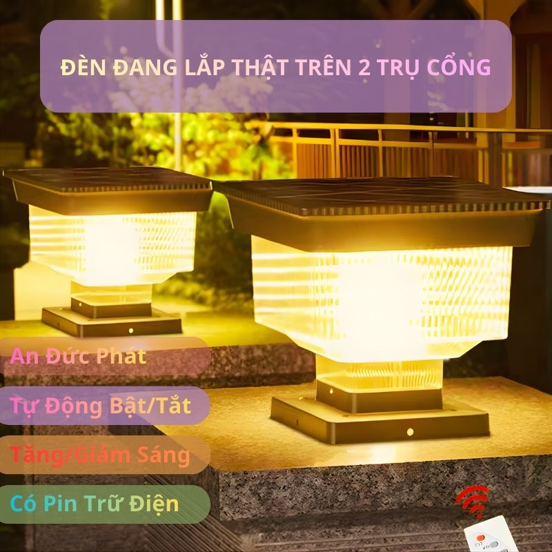Đèn trụ cổng năng lượng mặt trời lắp trên cổng nhà hiện đại