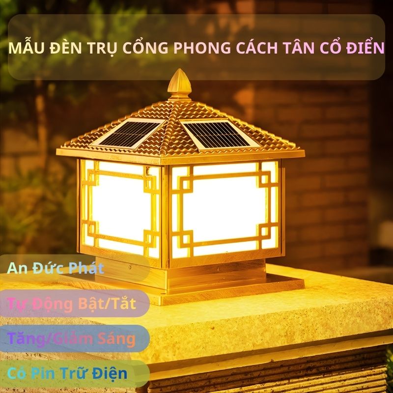 Đèn trụ cổng solar phong cách tân cổ điển cho biệt thự