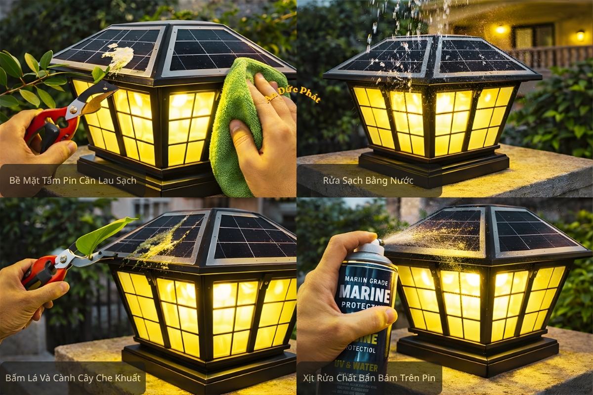 Vệ sinh đèn trụ cổng năng lượng mặt trời để tấm pin sạch