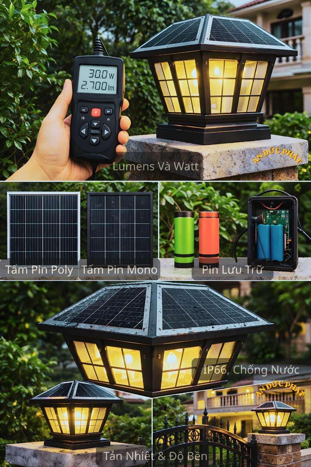 Lumens watt pin và tấm pin, IP66, 67 của đèn trụ cổng solar
