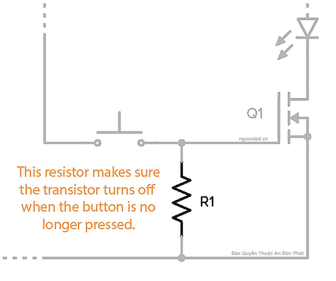 Điện trở kéo xuống gate R1 giúp MOSFET tắt khi không còn tín hiệu điều khiển