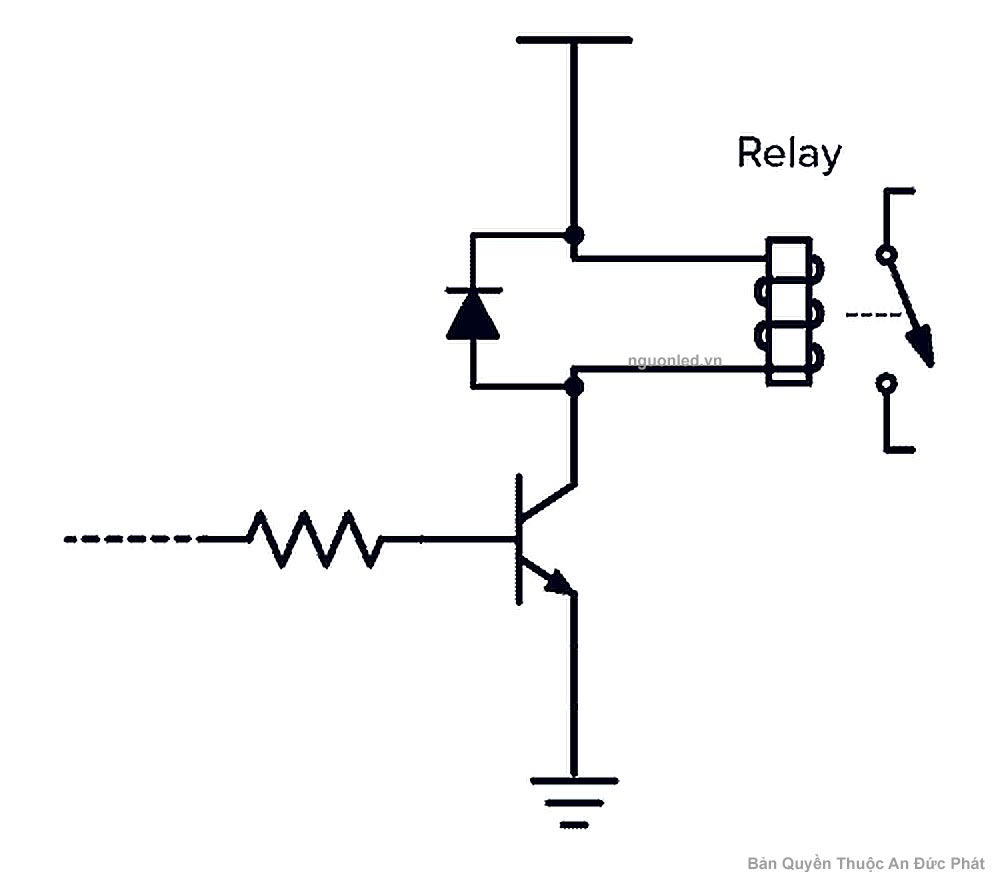 Mạch transistor BJT NPN điều khiển relay với diode dập xung bảo vệ transistor