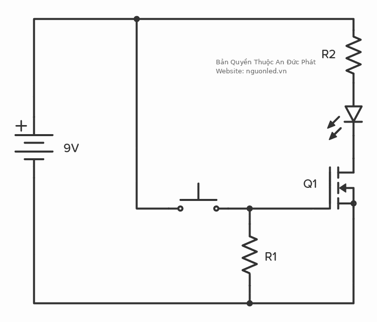 Mạch transistor BJT NPN điều khiển LED kiểu low-side với điện trở base R1 và điện trở hạn dòng R2