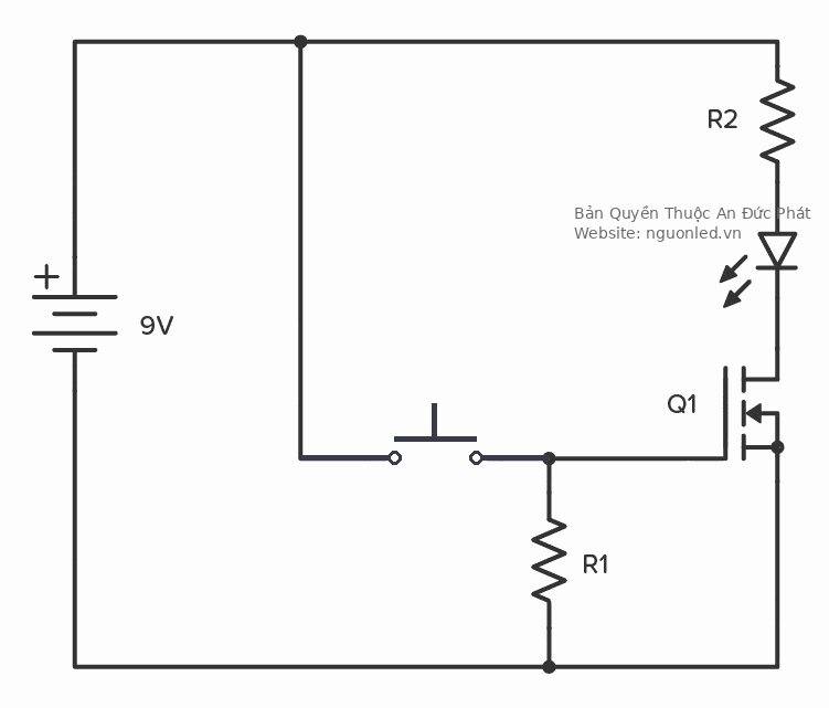Mạch MOSFET điều khiển LED kiểu low-side với điện trở kéo xuống gate R1 và điện trở hạn dòng R2