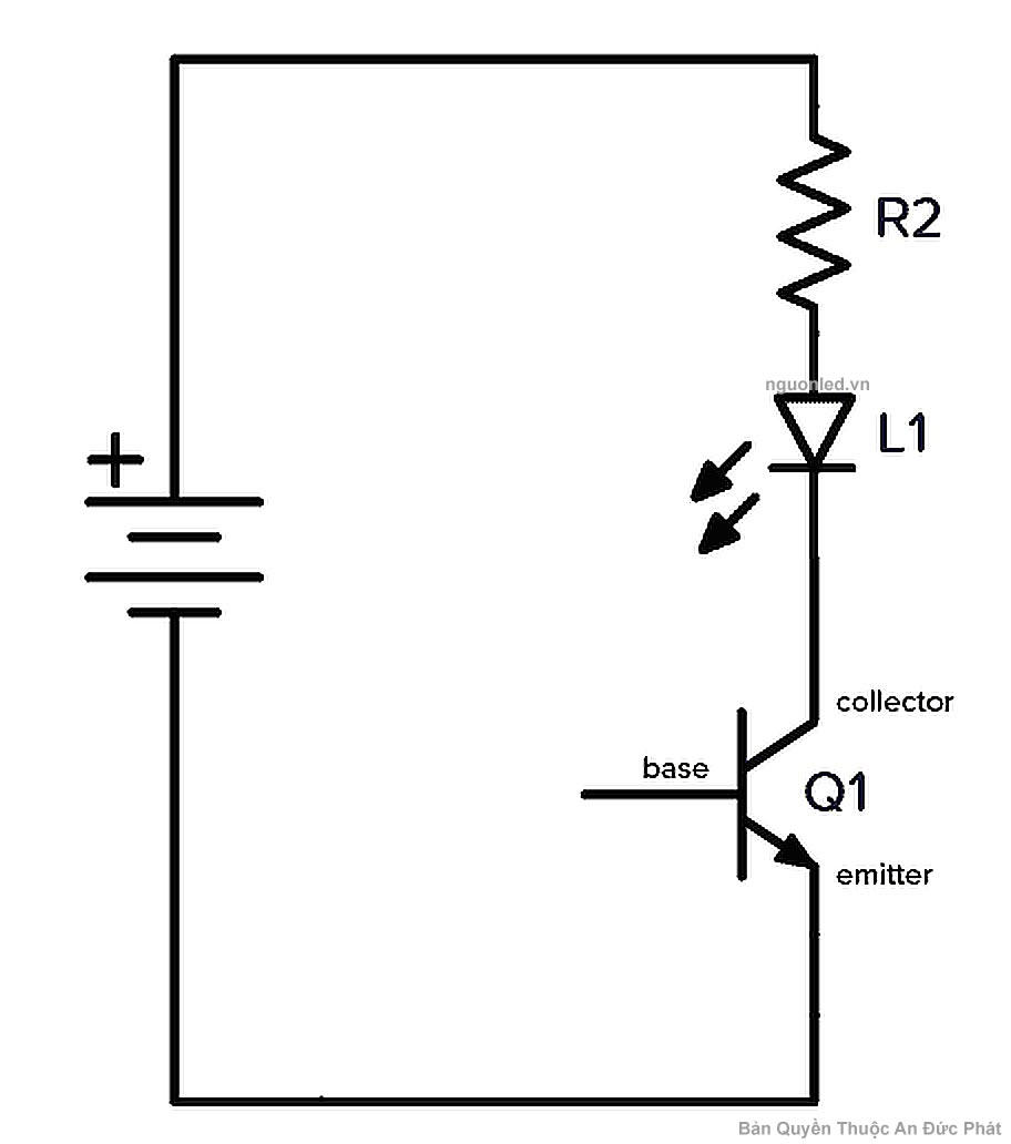Sơ đồ transistor BJT NPN điều khiển LED theo kiểu low-side với điện trở hạn dòng
