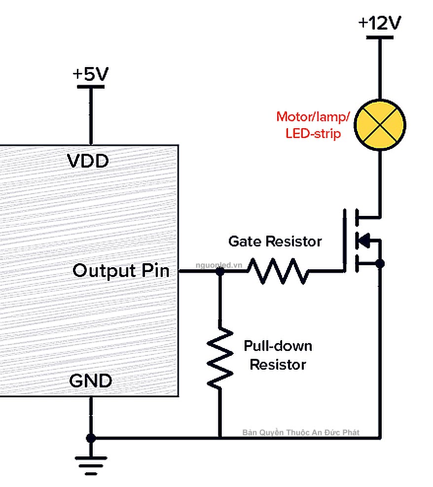 Mạch vi điều khiển 5V điều khiển tải 12V qua MOSFET với điện trở gate và điện trở kéo xuống