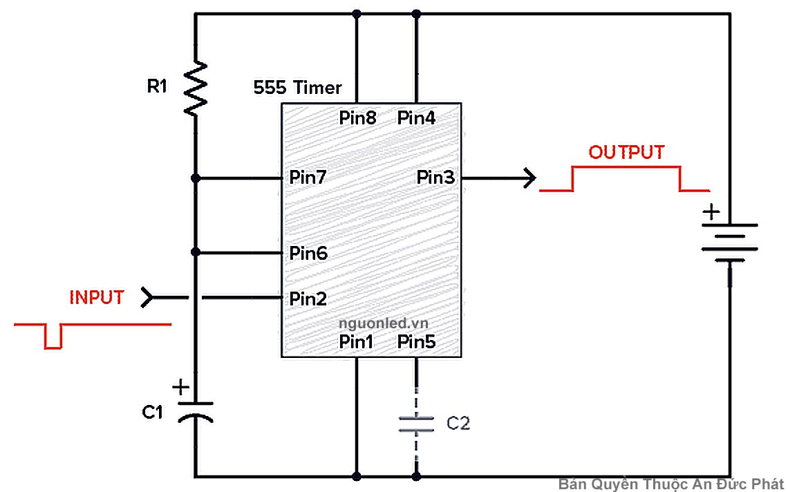 Sơ đồ mạch 555 Timer với tụ điện và điện trở trong mạch RC cơ bản