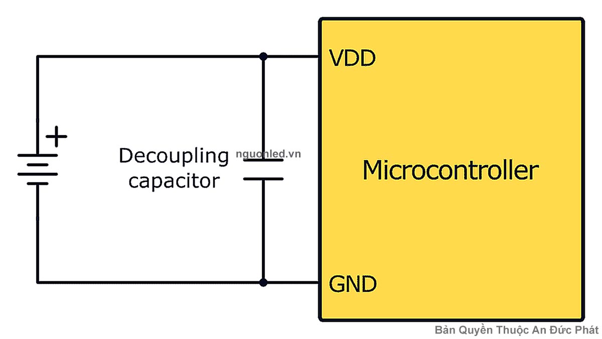 Sơ đồ tụ decoupling lọc nhiễu nguồn cho vi điều khiển giữa VDD và GND