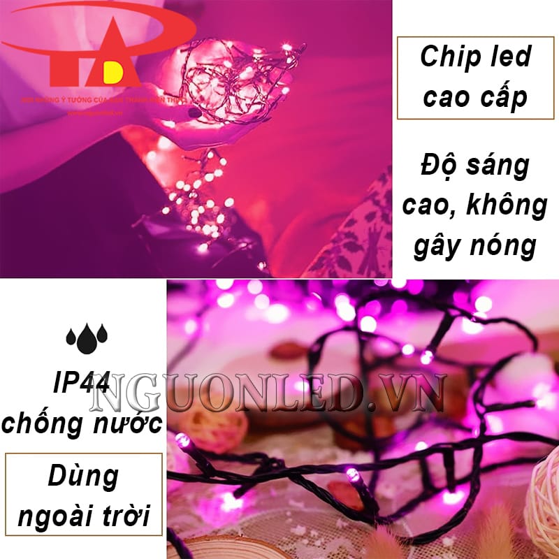 Dây led chớp màu hồng quấn cây thông