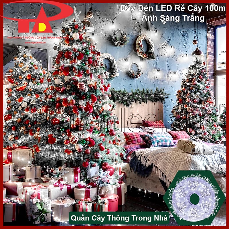Dây đèn LED hạt gạo 100m màu trắng quấn cây thông trang trí trong nhà