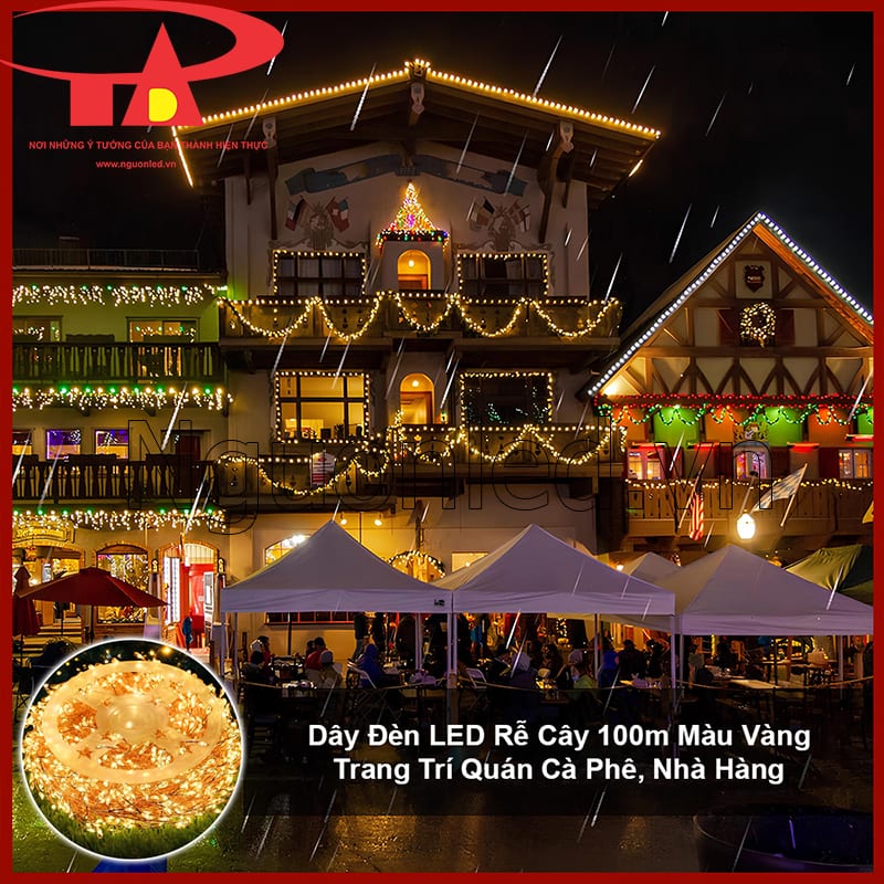 Dây đèn LED rễ cây ánh sáng vàng giúp quán cà phê có không gian ấm và dễ chịu