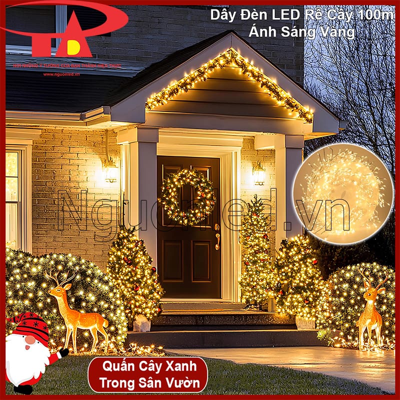 Dây đèn LED rễ cây quấn thân cây giúp sân vườn có chiều sâu ánh sáng ban đêm