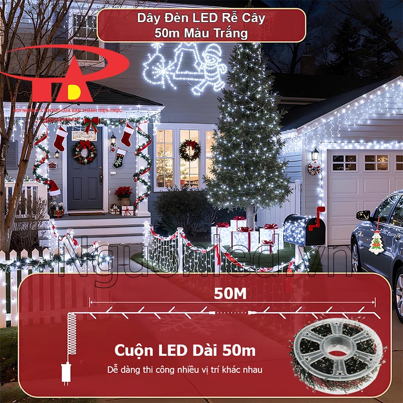 Dây đèn LED hạt gạo trang trí 50m liền mạch, dễ thi công không gian rộng