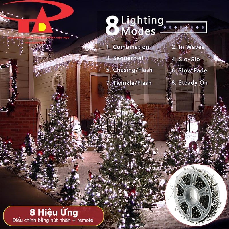 Đèn LED dây nguyệt quế 50m có remote với 8 chế độ chiếu sáng linh hoạt cho trang trí