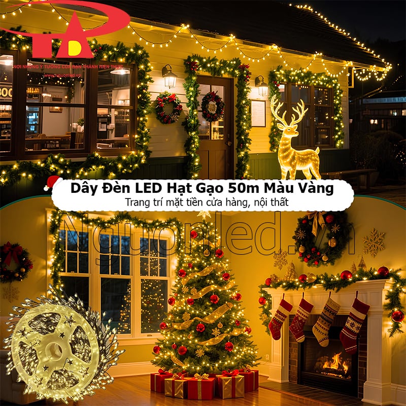 Dây đèn LED hạt gạo 50m trang trí mặt tiền nhà ở, khách sạn