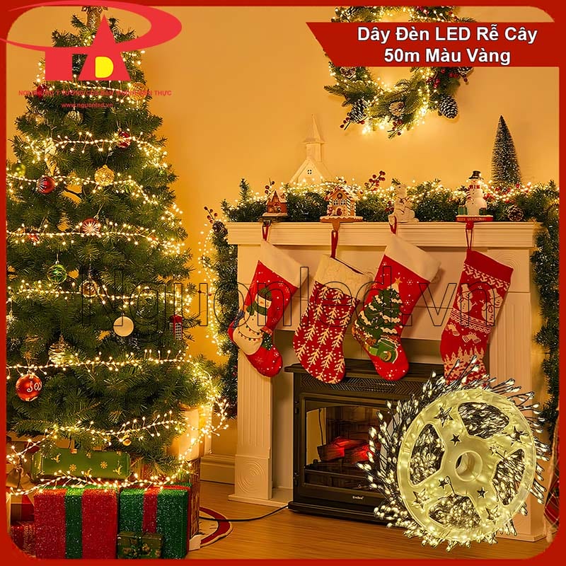 Dây đèn LED rễ cây 50m màu vàng quấn cây thông Noel trong nhà