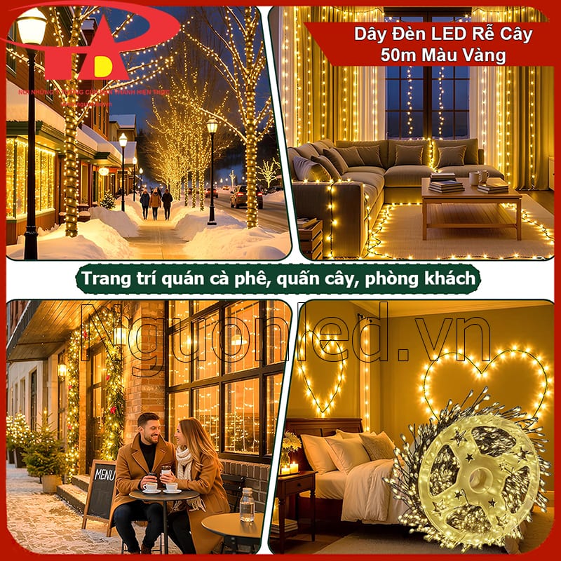 Dây đèn LED rễ cây 50m màu vàng trang trí quán cafe phong cách ấm áp