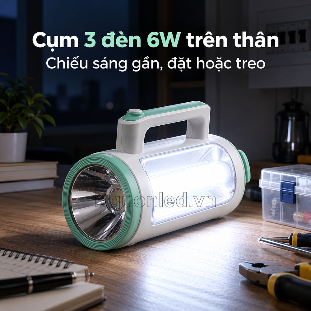 Đèn pin đa năng thân nhựa với quai cầm và móc treo có đèn 6W bên thân