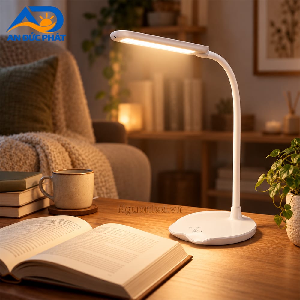 Đèn bàn LED chiếu sáng quyển sách đang mở trên bàn đọc, với hướng chiếu tập trung vào trang sách.