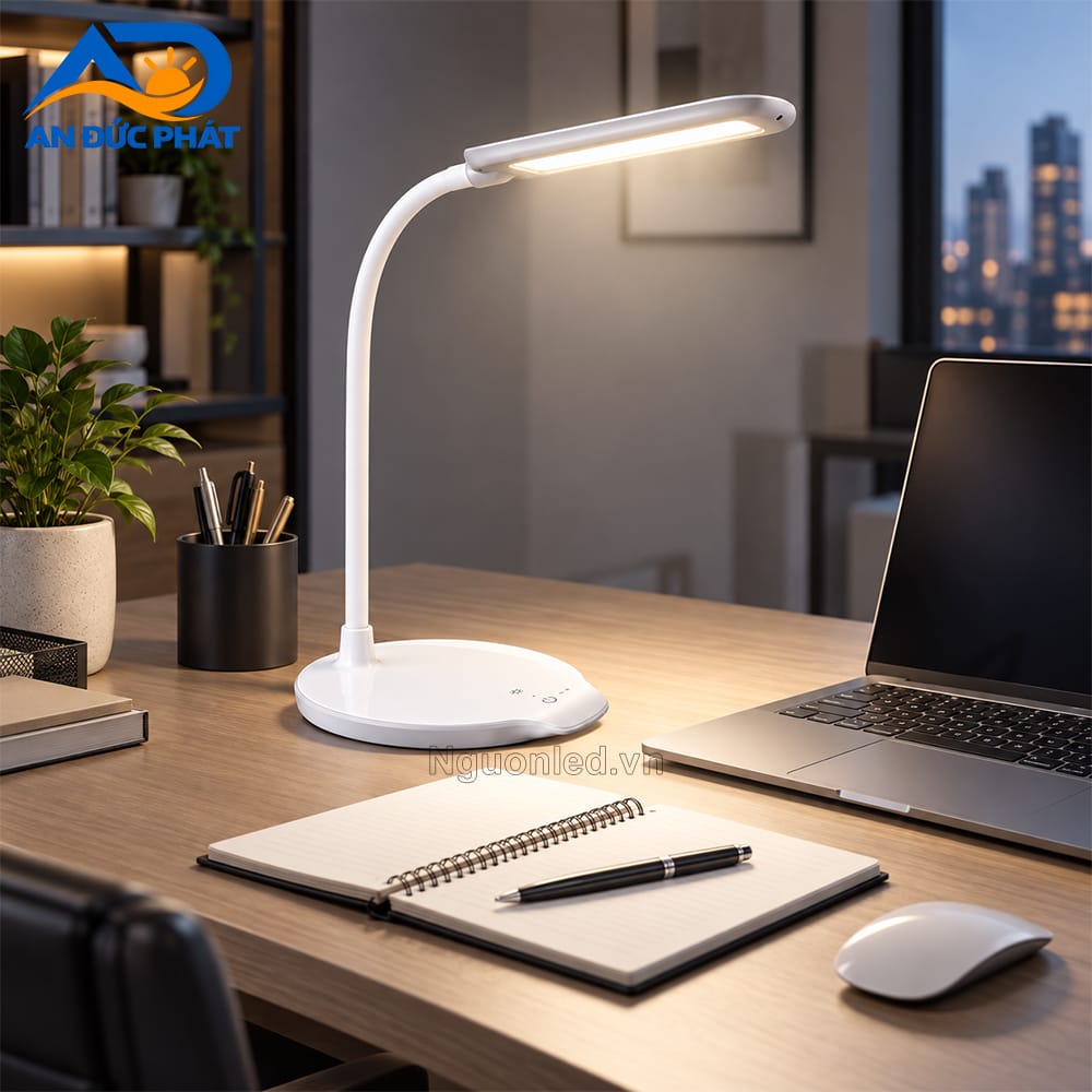 Đèn bàn LED MPE đặt cạnh máy tính, chiếu sáng khu vực tài liệu và bàn phím trên bàn làm việc.