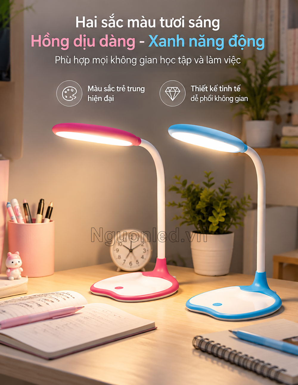Đèn bàn MPE TL3 với hai lựa chọn màu thân hồng và xanh