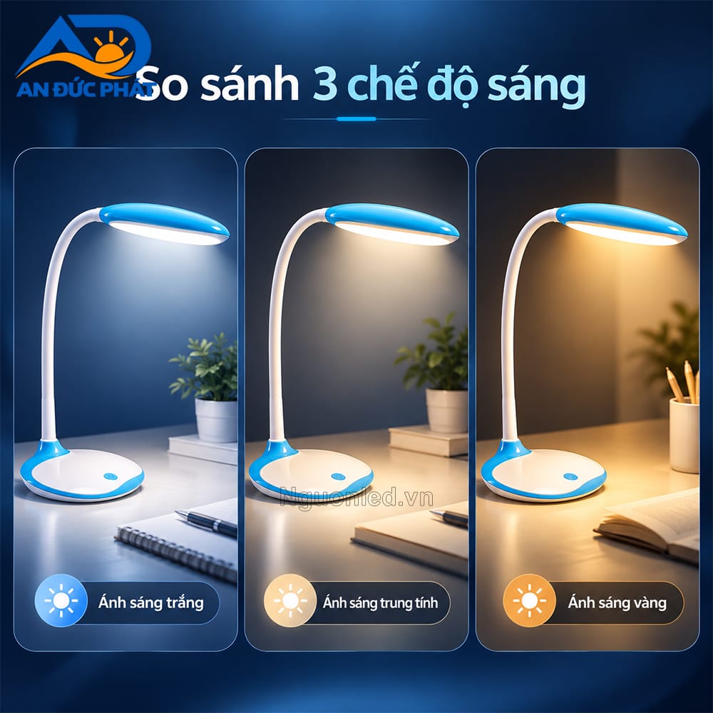 Đèn bàn LED thể hiện ba màu ánh sáng trắng, trung tính và vàng trên cùng một góc bàn học