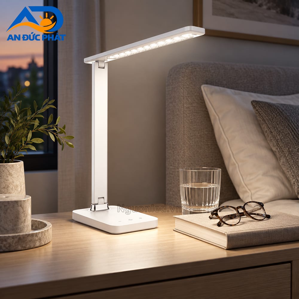 Đèn bàn học phát ánh sáng trung tính 4000K–4500K trên khu vực giường