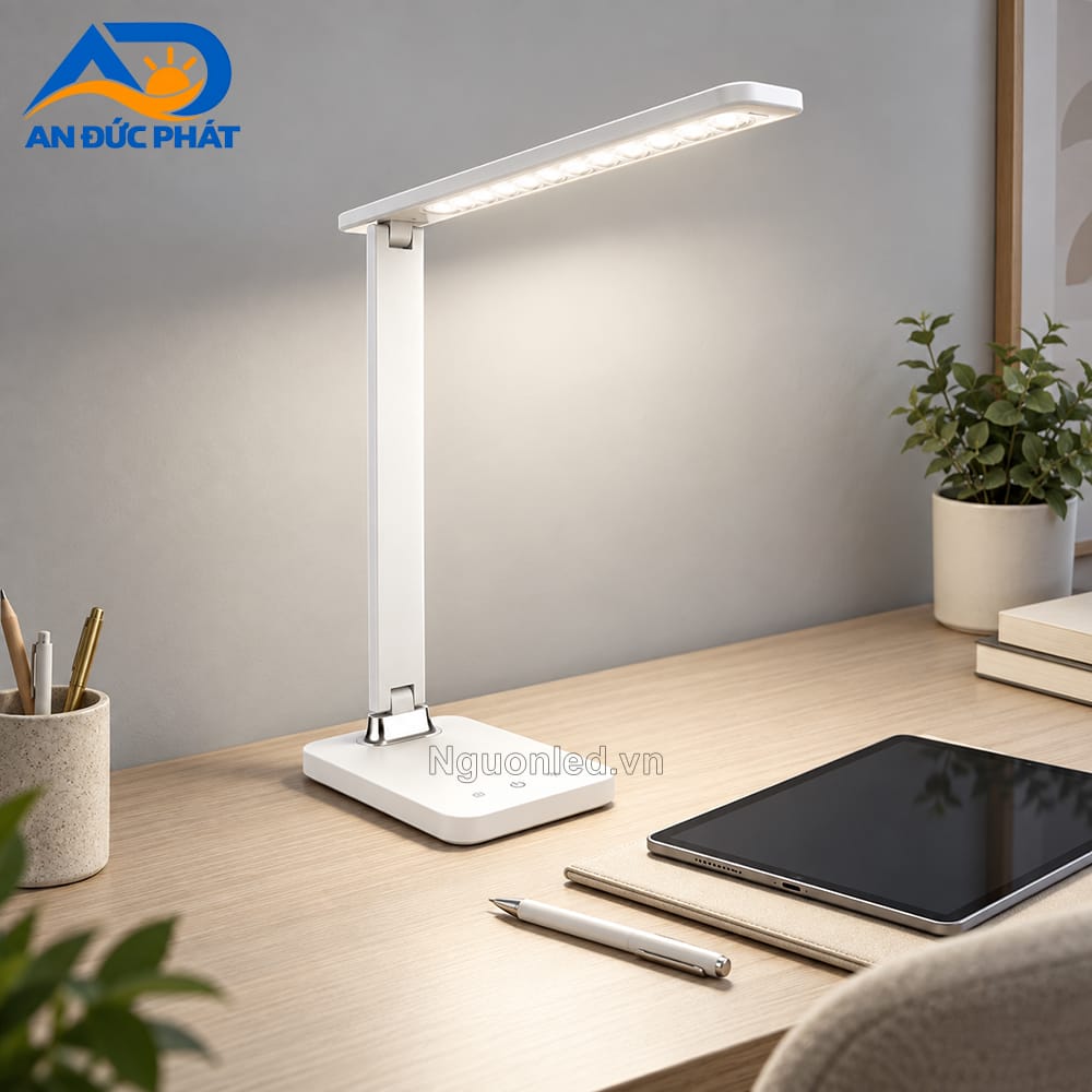 MPE TL5 đặt trên bàn học với ánh sáng trung tính và vùng chiếu tập trung cho sách vở