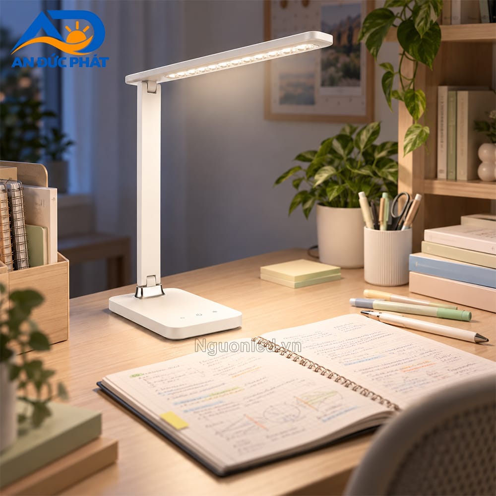 Đèn bàn LED MPE đặt tại góc học tập, chiếu sáng khu vực sách vở và vở ghi trên mặt bàn.