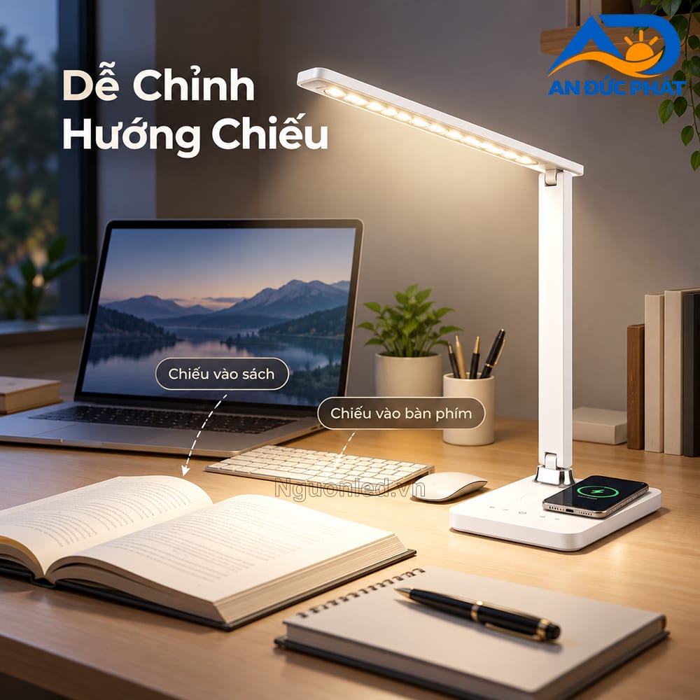 Thanh đèn và thân đèn có thể gập để thay đổi hướng chiếu trên mặt bàn