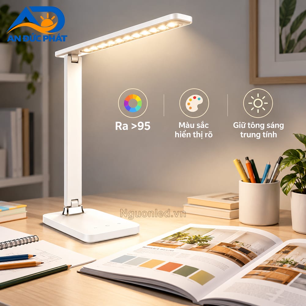 Đèn bàn LED loại tốt quang thông 420 lm, Ra 95 với thiết kế gập linh hoạt, phù hợp cho bàn học và bàn làm việc
