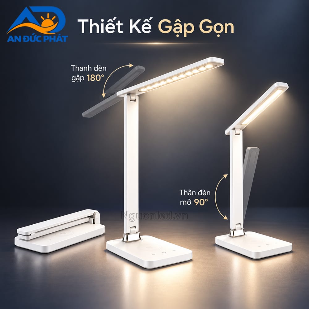 Đèn bàn được gập gọn trên mặt bàn nhỏ, vẫn giữ vùng chiếu sáng và khu vực sạc