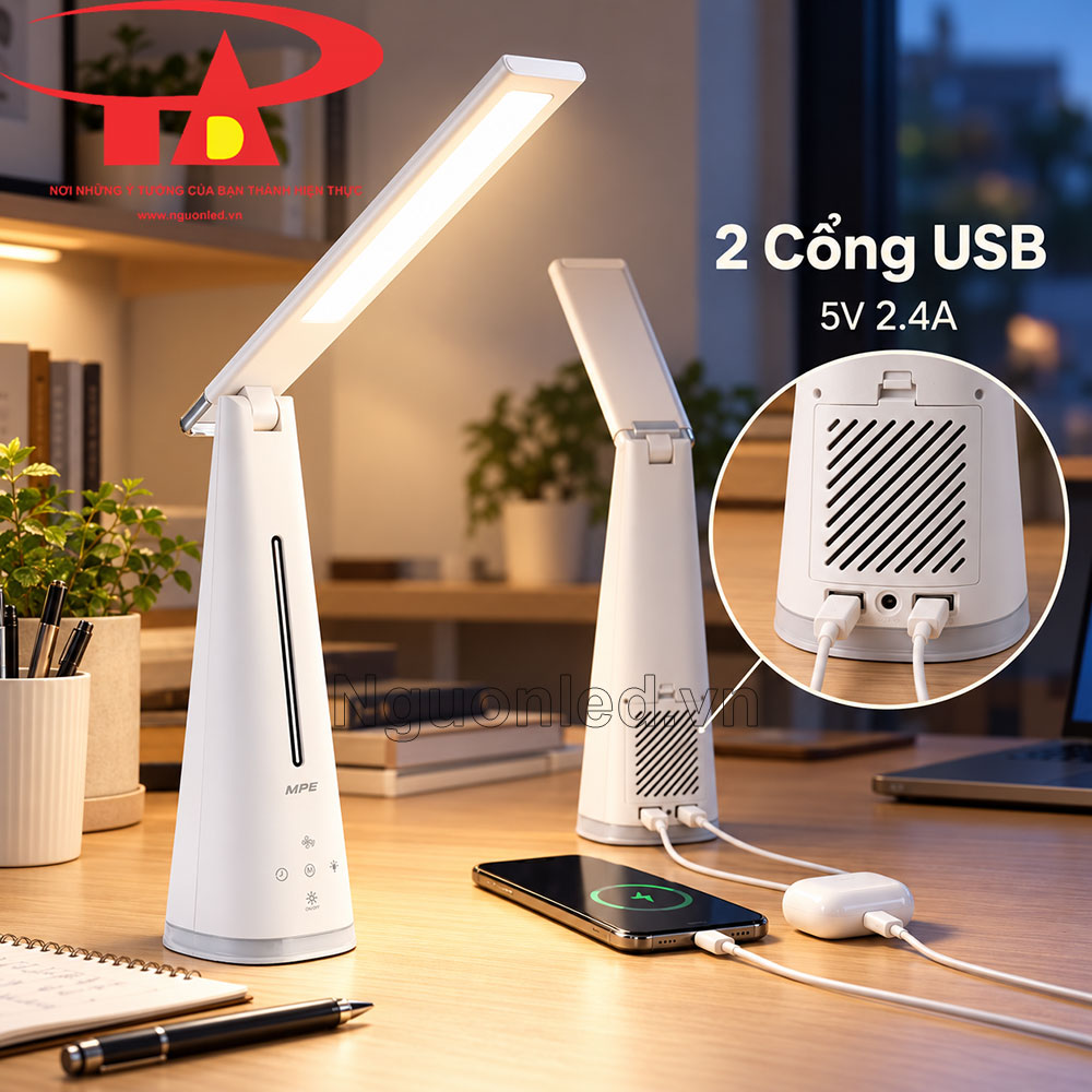 Đèn bàn đa năng kết hợp chiếu sáng, quạt cá nhân và cổng USB trên cùng khu vực sử dụng