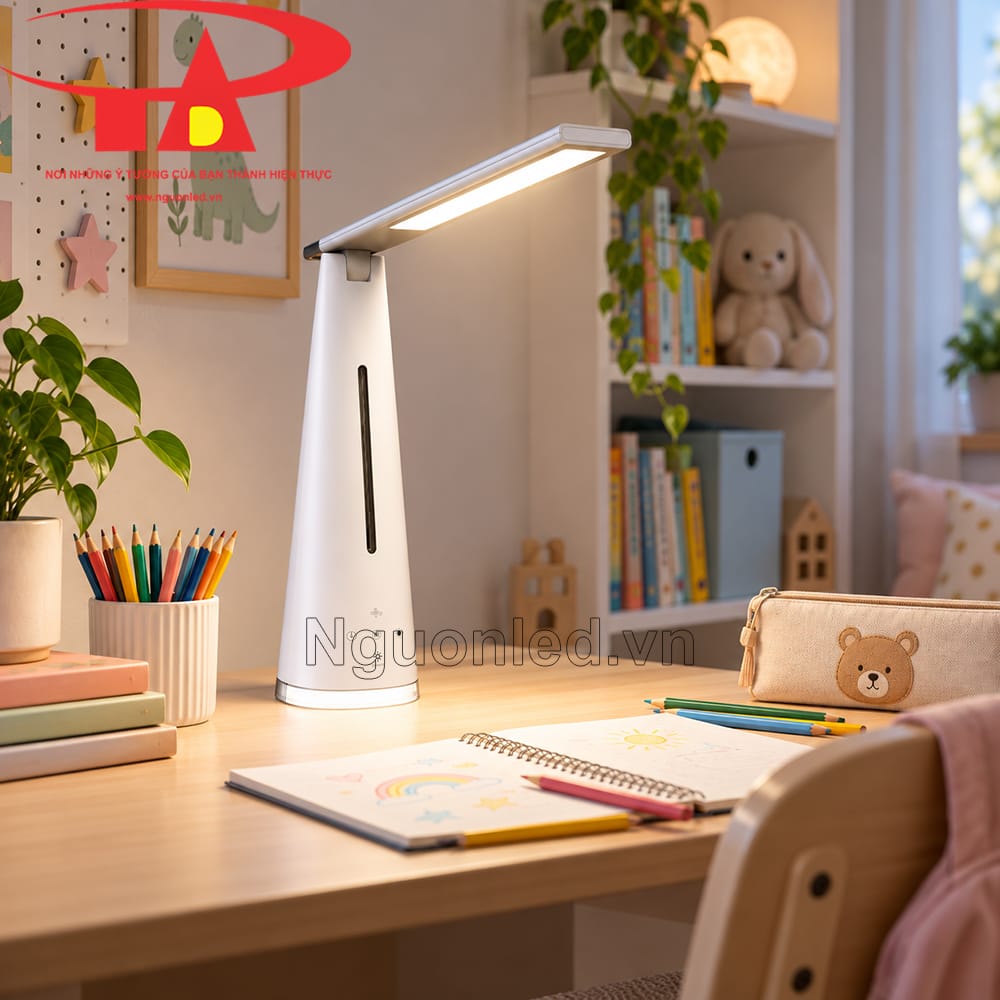 Đèn bàn học với ba màu ánh sáng đặt trên bàn học trẻ em và chiếu tập trung vào khu vực sách vở
