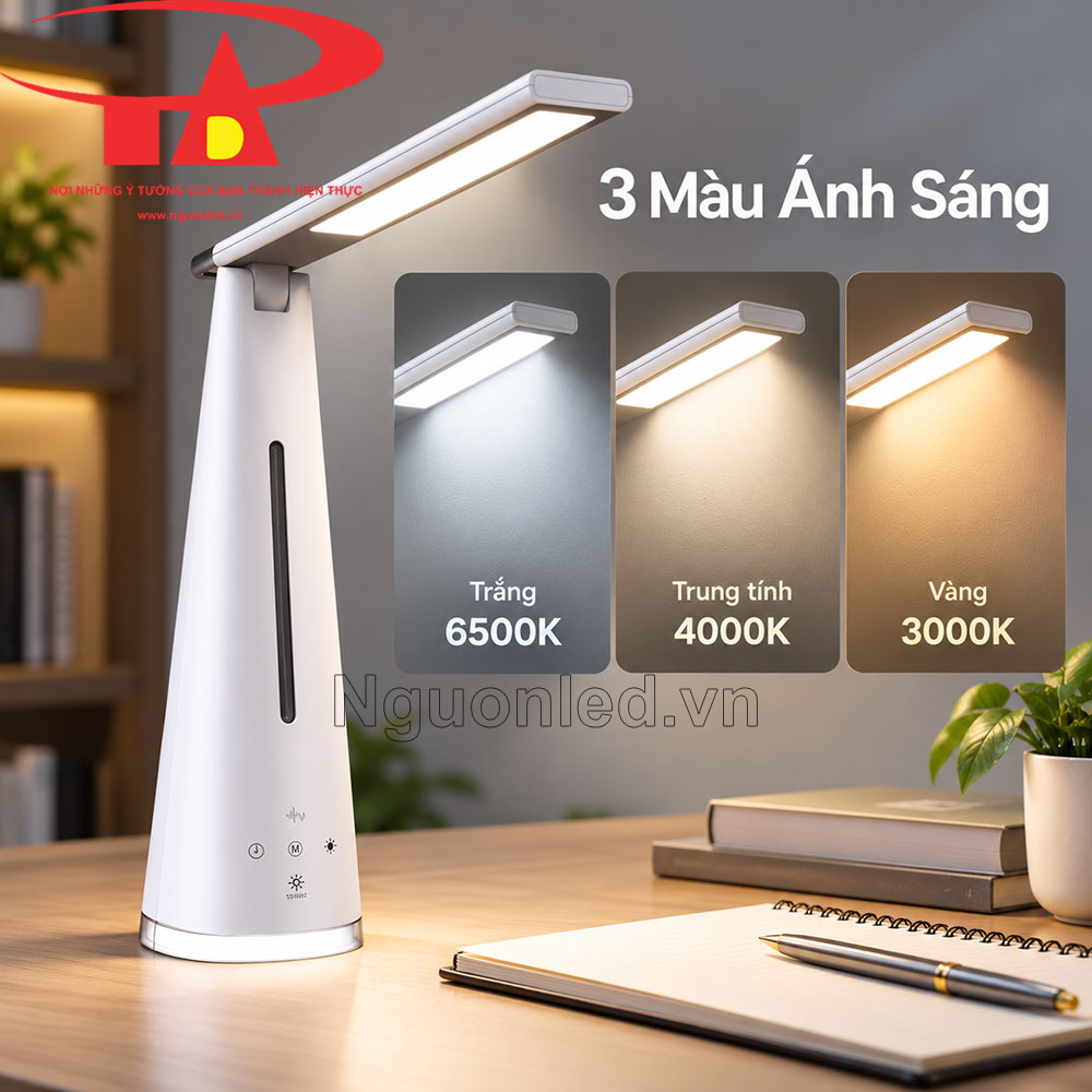 Đèn bàn MPE TL6 bố trí cạnh máy tính, chiếu sáng vùng bàn và có ba màu ánh sáng