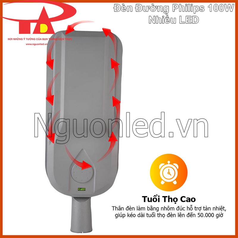 Đèn đường led 100w philips thân nhôm tản nhiệt giúp tăng tuổi thọ lên đến 50.000 giờ