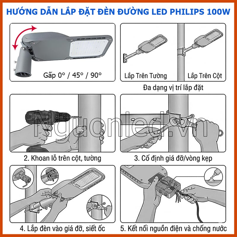 Hướng dẫn lắp đặt đèn đường led 100w philips đúng kỹ thuật ngoài trời